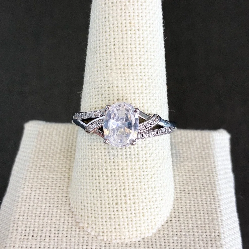 Vintage Ring Oval Cut Clear Stone Pavé Split Shank Silver Tone Size 10
